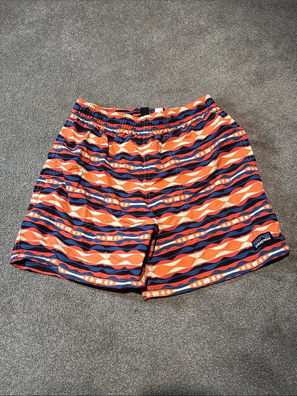 Patagonia Men’s Orange and Navy Wave-Pattern Hybrid Shorts